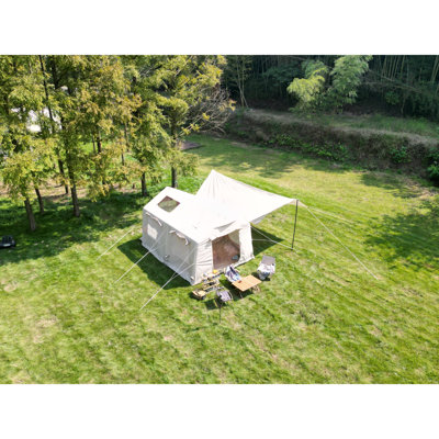 X13ft inflatable camping tent with canopy & hand pump, easy setup waterproof & windproof air glamping tent, beige.