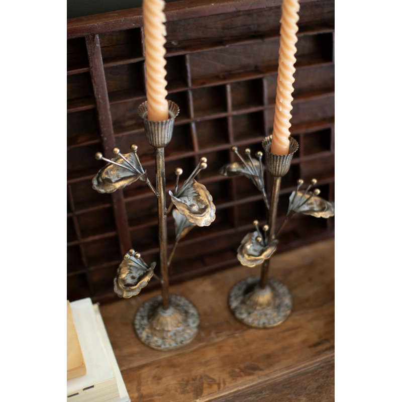 Kalalou Decorative Flower Taper Candle Holders Antique Brass Finish Set of 2 - 14.5"H