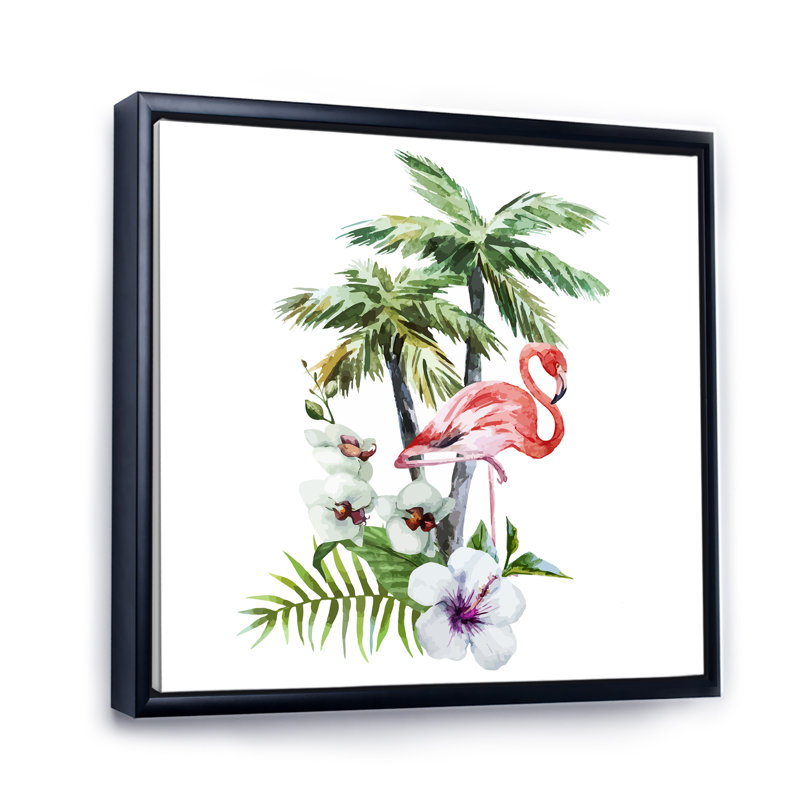 Flamant rose avec palmiers et fleurs I - reproduction d'art sur toile traditionnelle, H 16 po x l 16 po x P 1 po