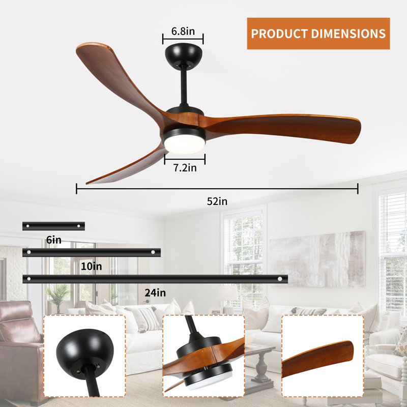 3-blade solid wood ceiling fan light, 52" Wide