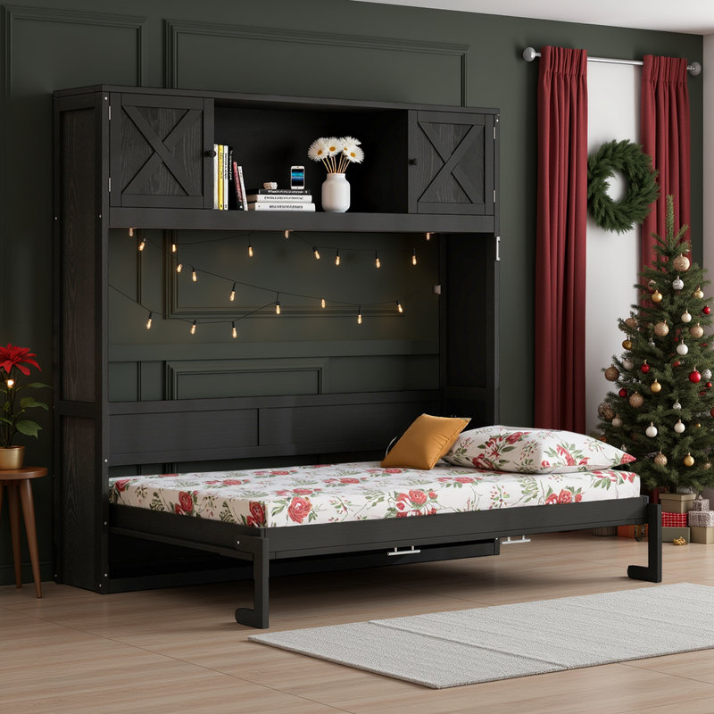 Full Size Black Murphy Bed with Storage Cabinets, Foldable Wall Bed with Shelves