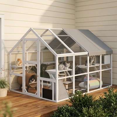 Wooden Catio Outdoor Cat Enclosure with Waterproof Cover, 2 Condos, 6 Platforms, Bridge, Doors, White
