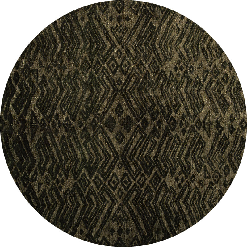 Tapis géométrique en laine / polyester tissé à la machine en noir / olive, Rond 5 pi
