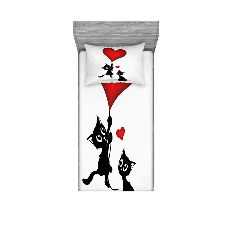 Drap-housse et coussin décoratif Ambesonne Valentines, noir vermillon, Ensemble de draps pour lit simple + 5 pièces supp