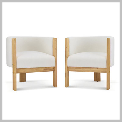 Upholstered Dining Chairs Set of 2, Natural Rubber Wood Frame and White Boucle Fabric, Modern Armchairs for Dining and Living Room, 225lbs Capacity