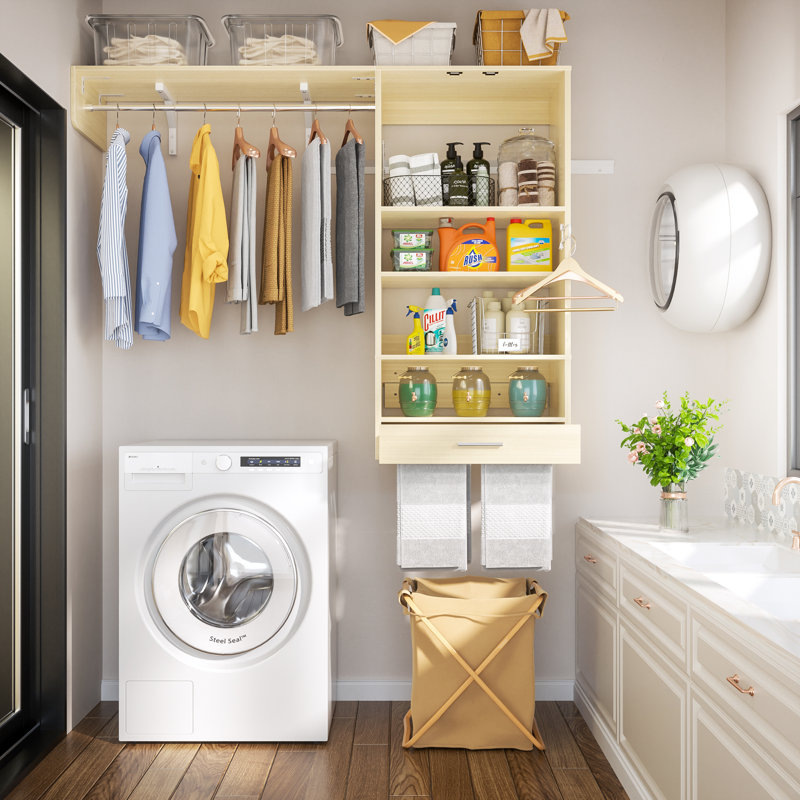 60'' Closet System with Tower Shelves for Walk-In Closet, Laundry Organizer With Hanging Rods, Natural