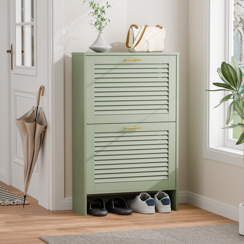 Armoire à chaussures avec 2 tiroirs rabattables, range-chaussures autoportant étroit avec portes à persiennes, armoire à chaussures pour vestibule