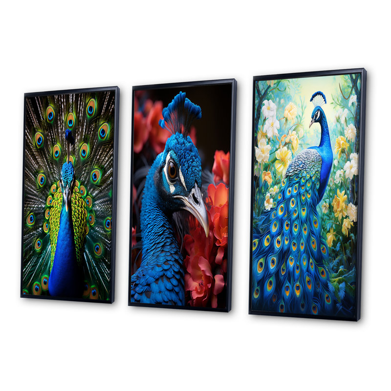 «Teal Radiant Peacock», 3 pièces sur toile, Cadre flottant noir, H 32 po x l 48 po