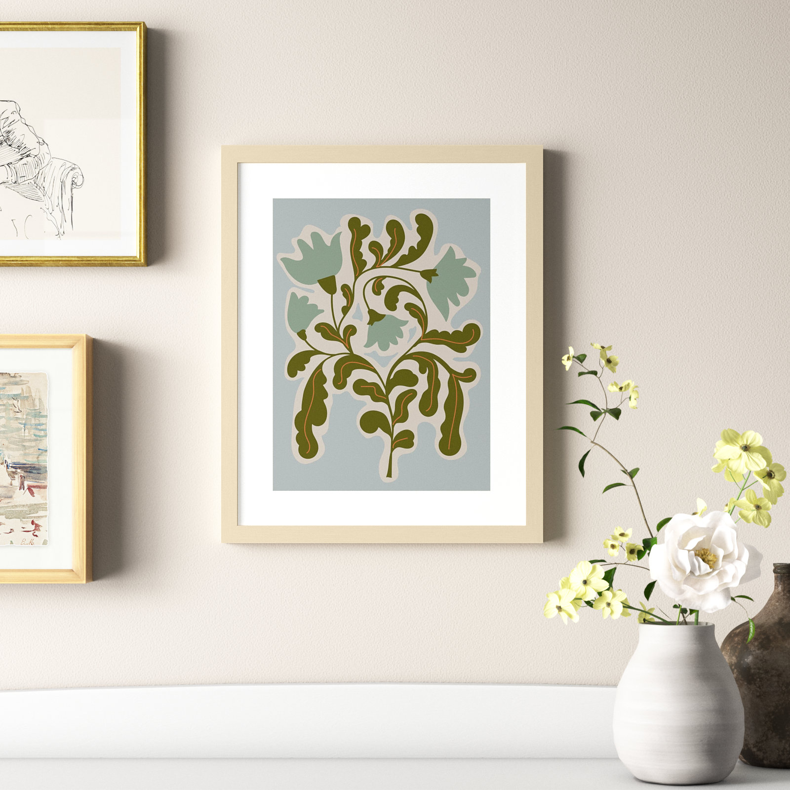Expressive Abstract House Plant Blue Print, Brown, 21" H x 17" W x 1" D