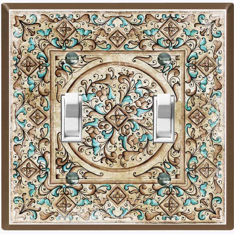 Bandana Paisley Rug Tile Teal Pattern Beige 2 - Gang Toggle Light Switch Standard Wall Plate