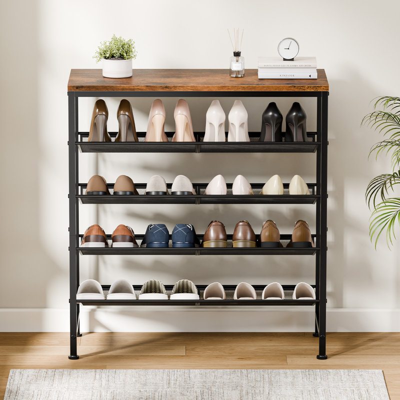 5 Tier Shoe Rack with Wood Top, Industrial Entryway Shoe Storage for Small Spaces, Rustic Brown