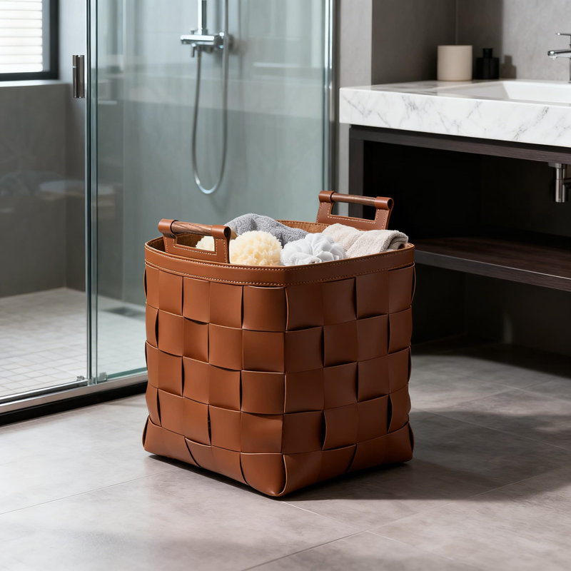 French Chic Laundry Basket With Leather Handles - Handwoven Large Capacity Storage Bin For Clothes, Wooden Handles, Waterproof & Easy To Clean, Multi-Purpose Home Organizer,Brown