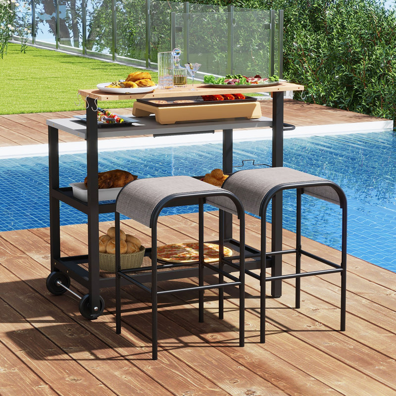 Rolling Bar Cart W/ Flip-up Table Hooks Paper Towel Holder 2 Bistro Stools