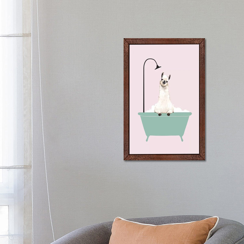 Llama Enjoying Bubble Bath by Big Nose Work - Print on Canvas, 152.5 cm H x 101.5 cm W, Brown Framed