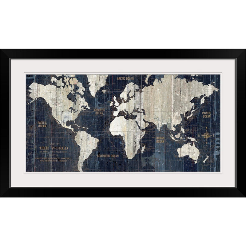 Carte du vieux monde - impression d'art graphique, Cadre noir, H 23 po x l 38 po x P 1 po
