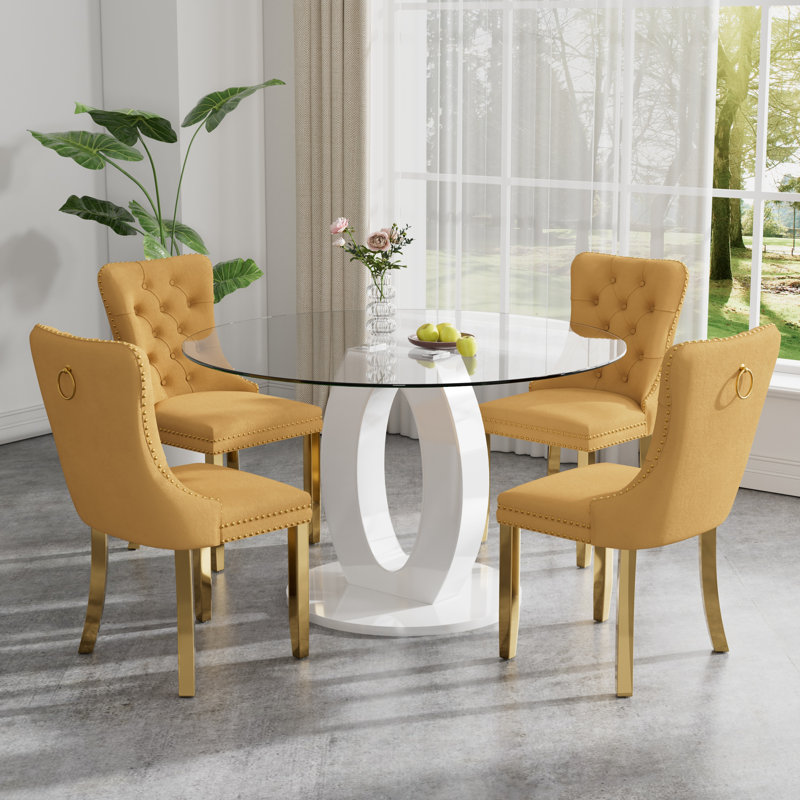 High Gloss Round Dining Table Set with 4 Velvet Dining Chairs, Yellow/Gold