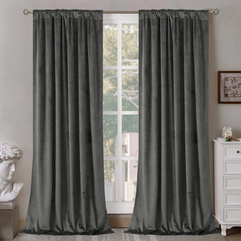 Gwennoline Velvet Room Darkening Curtain Panel Pair, 52" W x 108" L, Dark Gray