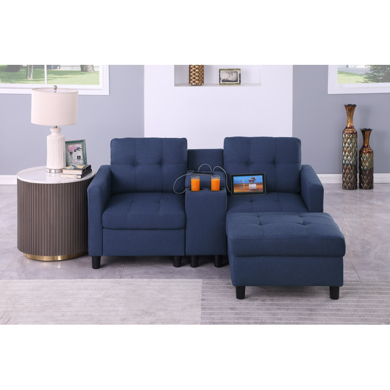 66.8" Upholstered Loveseat Sofa With Ottoman And Storage&Cup Holder& Usb Ports Stand Console, Dark Blue
