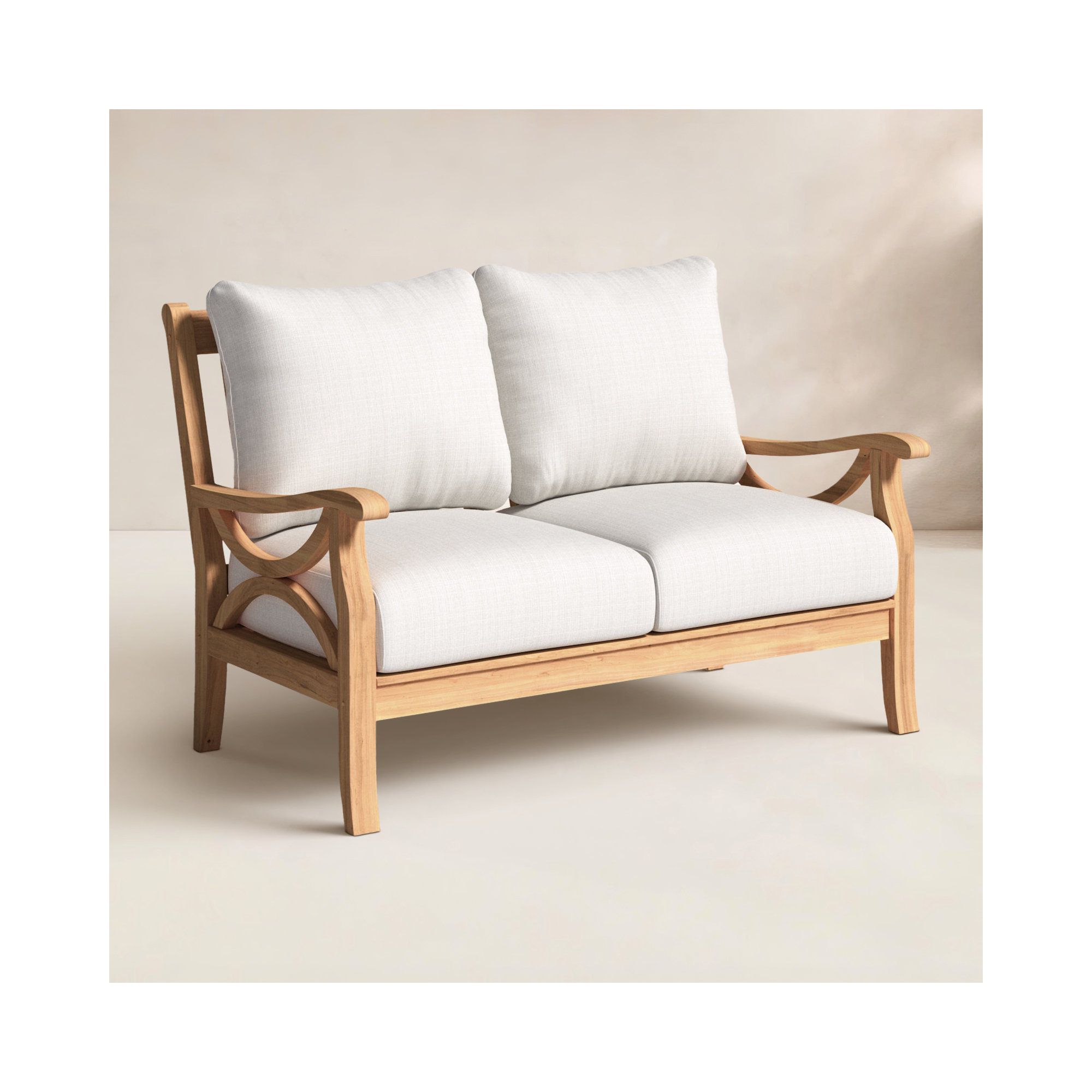 Brunswick 52'' Wide Rectangle Teak Loveseat with Cushions, Beige, Natural