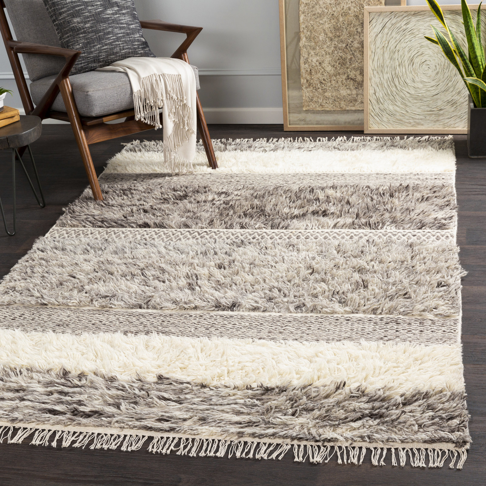 Catalina Cream Gray Flatweave Striped Wool Rug, Rectangle 3'6" x 5'6"
