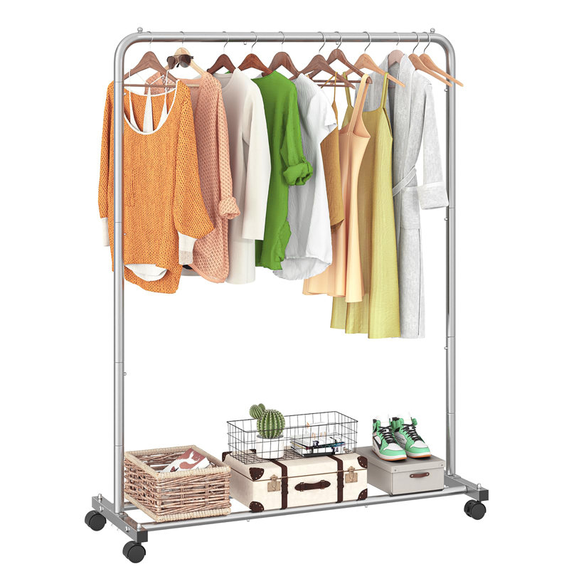 Simple and Trendy Mobile Clothes Rack with Storage Shelves for Effortless Clothing Organization, Argent