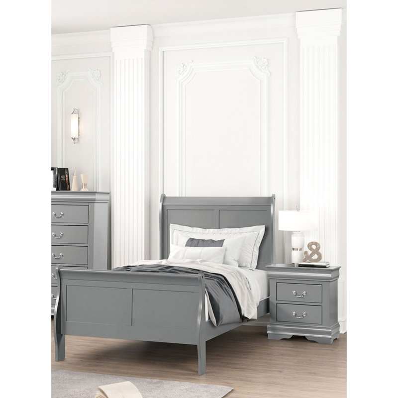 Cadre de lit simple gris avec design, style contemporain / transitionnel, bois massif, tiroir anglais, option de décoration de chambre à coucher