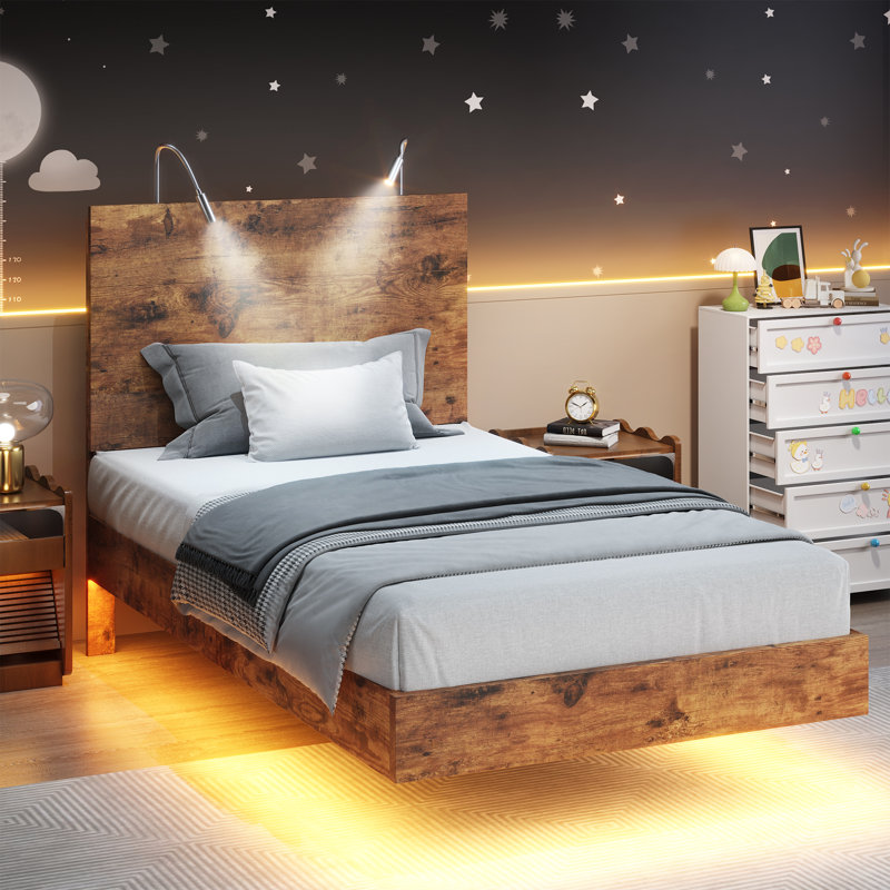 Wooden floating bed frame with LED lights,Platform Bed Frame with Reading Light Headboard, Twin