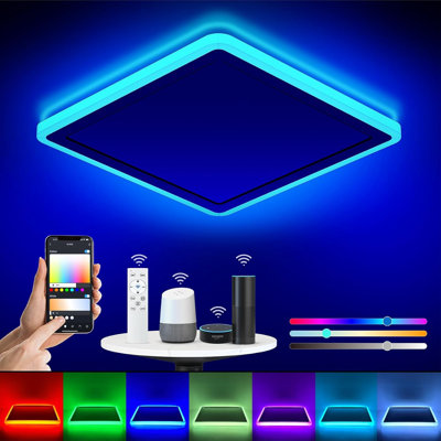 Plafonnier intelligent à DEL Wi-Fi, luminaire encastré 13 po RVB avec télécommande, compatible avec Alexa Google Home, plafonnier à profil bas pour chambre à coucher, cuisine, carré blanc