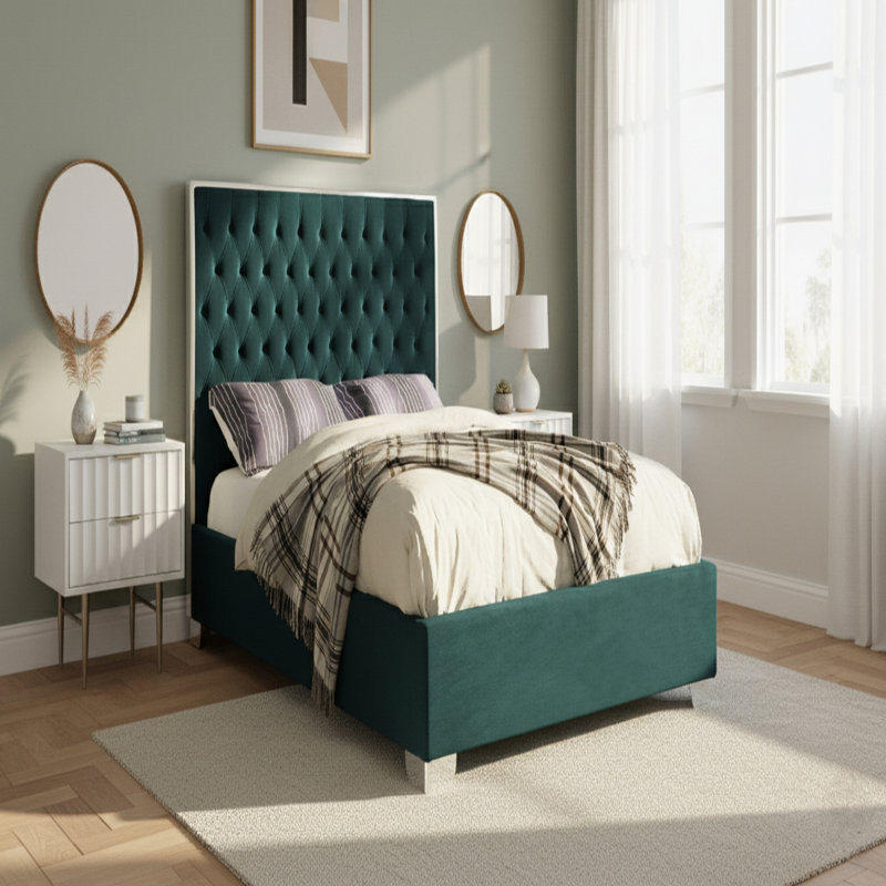 Spadaro Upholstered Platform Bed, Green Velvet, Silver, Full
