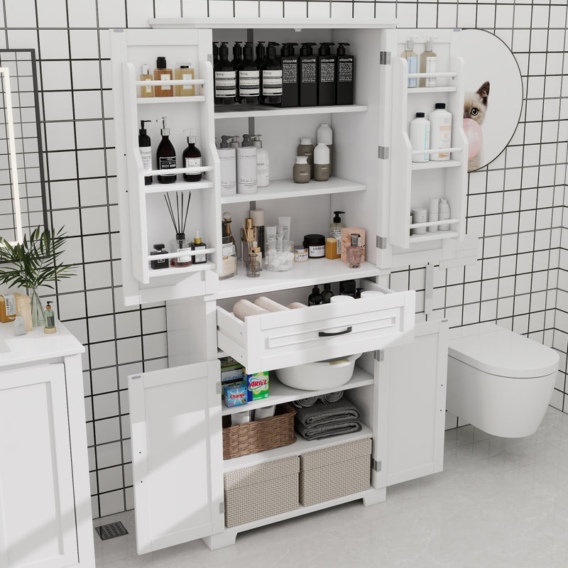 Armoire de rangement de salle de bain avec portes et tiroir, plusieurs espaces de rangement, tablette réglable, Blanc