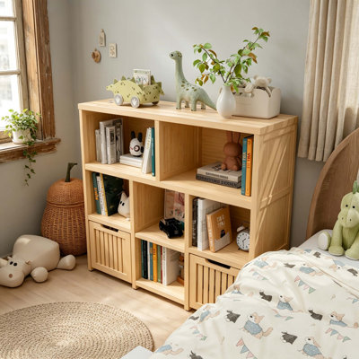 Étagère à livres en bambou à 8 cases, bibliothèque pour enfants avec 2 tiroirs, meuble de rangement ouvert moderne, étagère de présentation autoportante pour chambre d'enfant, salle de classe, chambre à coucher, salon, bureau, aspect naturel