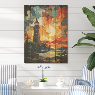 Coastal Stormy Sunset Lighthouse Breeze II - Lighthouses On Wood Print