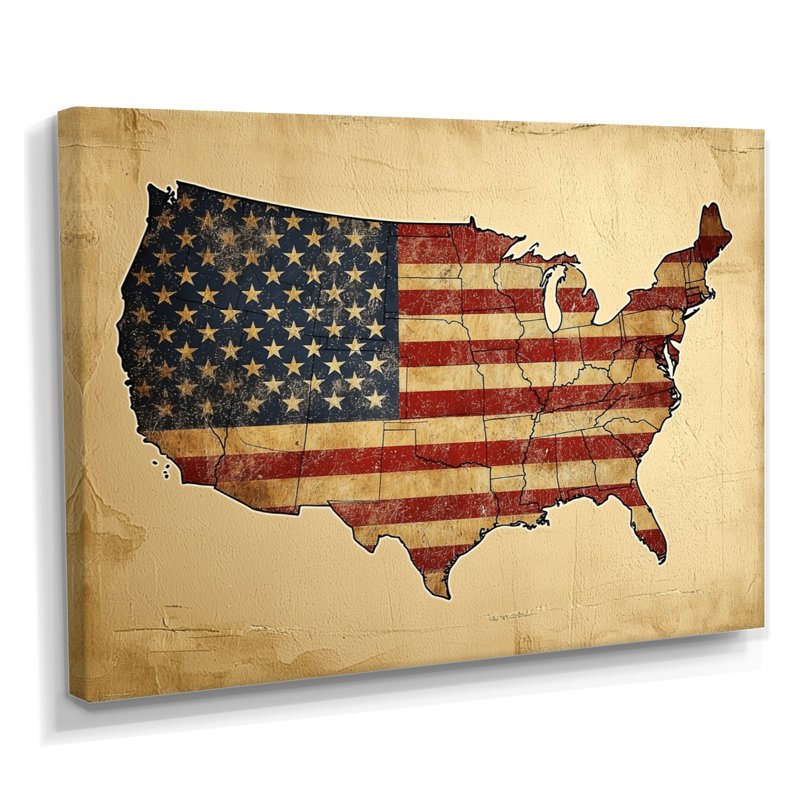 Art mural sur toile Laakkonen, drapeau rétro et carte des États-Unis, Toile tendue, H 16 po x l 32 po, Ne s’applique pas