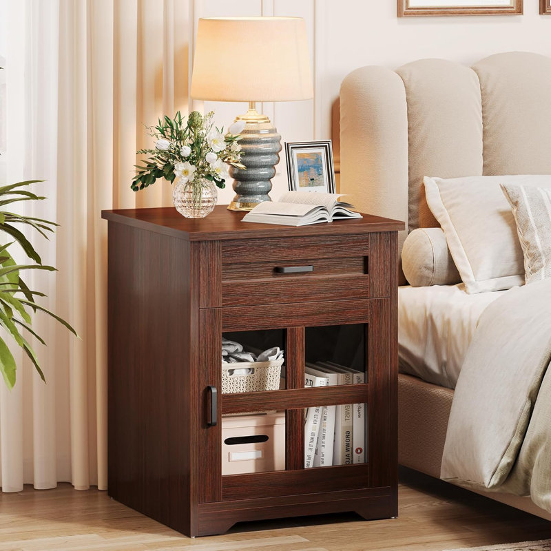 18'' Farmhouse Wood End Table With Drawer And Storage Cabinet, Brown