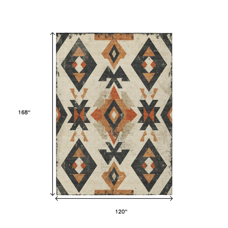 Tapis intérieur/extérieur lavable, 3 m x 4,2 m, ivoire, orange et anthracite, motif aztèque