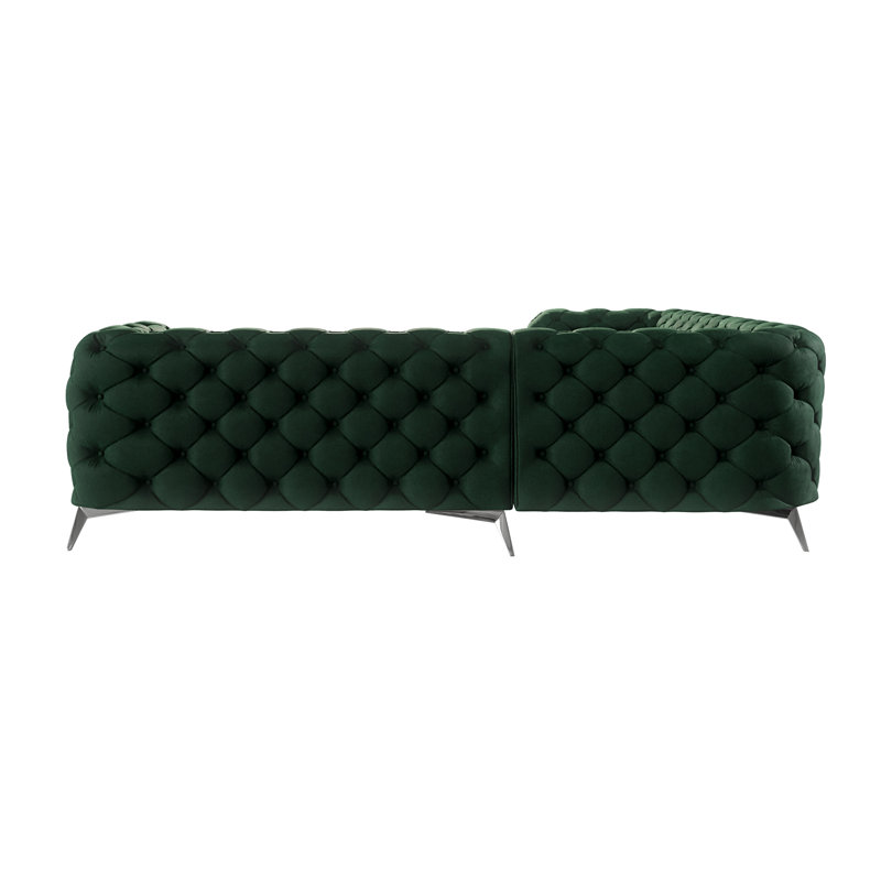 L-shape Corner Chesterfield Sofa  with Silver Metal Legs, Bottle Green