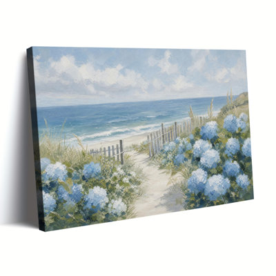 Impression sur toile, art texturé épais, peinture à l'huile, hortensia bleu, chemin de sable, clôture en bois, plage, ciel doux, bord de mer, ferme, salon, décoration murale