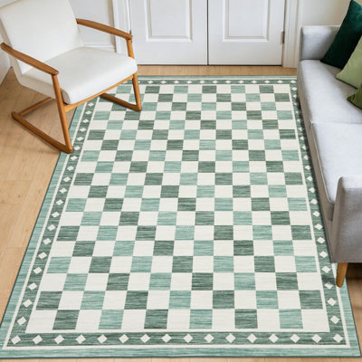 6x9 Checkered Area Rug, Abstract Washable Soft Rugs for Living Room, Modern Geometric Non Slip Low Pile Carpet for Bedroom, Dining Room, Green
