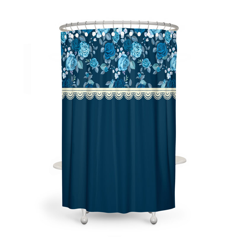 Blue Rose Patterned Shower Curtain, 93" H x 70" W