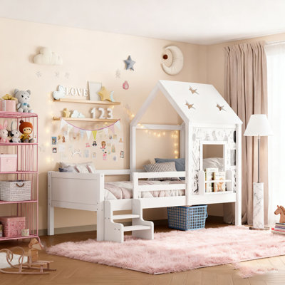 Full House Beds with Low-Profile Stairs and a Window,with a Bookcase, Blackboard Desig
