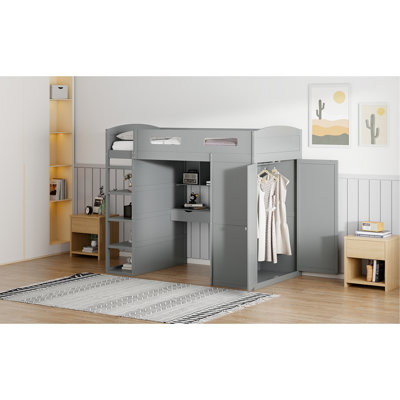 Lit mezzanine simple gris avec amplement d'espace de rangement. Tiroirs de bureau. Tablettes de gauche et tiroirs pour l'organisation. Vêtement de garde-robe droit. Garde-robes fonctionnels améliorant le mobilier de chambre à coucher. 4 tablettes. Intégré