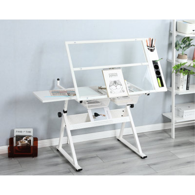 Adjustable Tempered Glass Work Table In White With Chair, 0-2cm Height Fine-tuning Feet, Metal Pen Holder, Storage Drawers Drafting Surface, 0-75 Degr