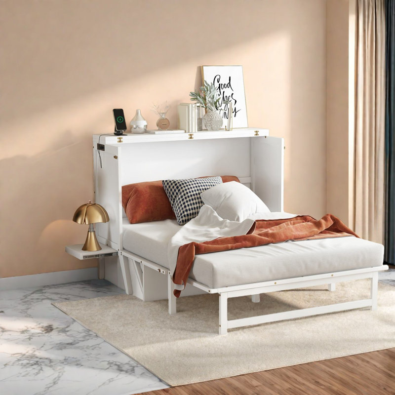 Lit escamotable en pin blanc compact avec USB, conception multifonctionnelle moderne