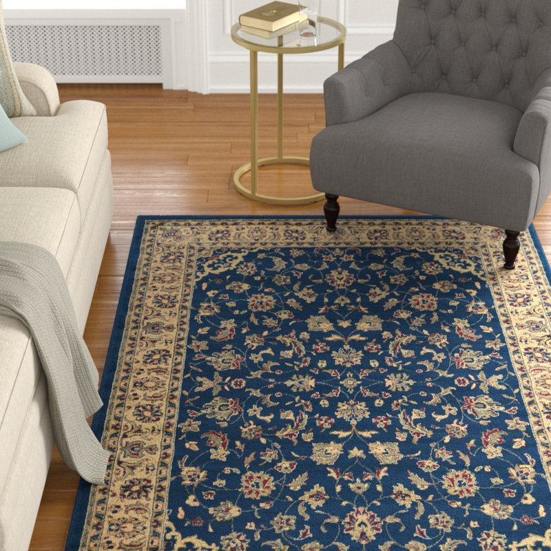 Safira Blue Navy Traditional Floral Indoor Area Rug, Round 5'3"