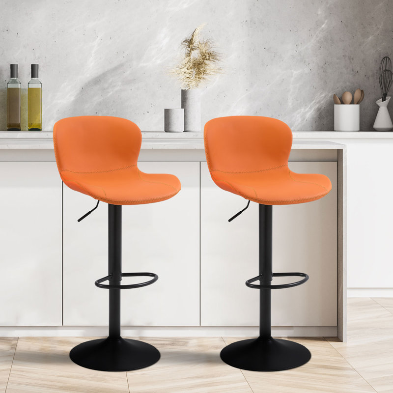 Orange Adjustable Swivel Metal and Leather Bar Stools Set