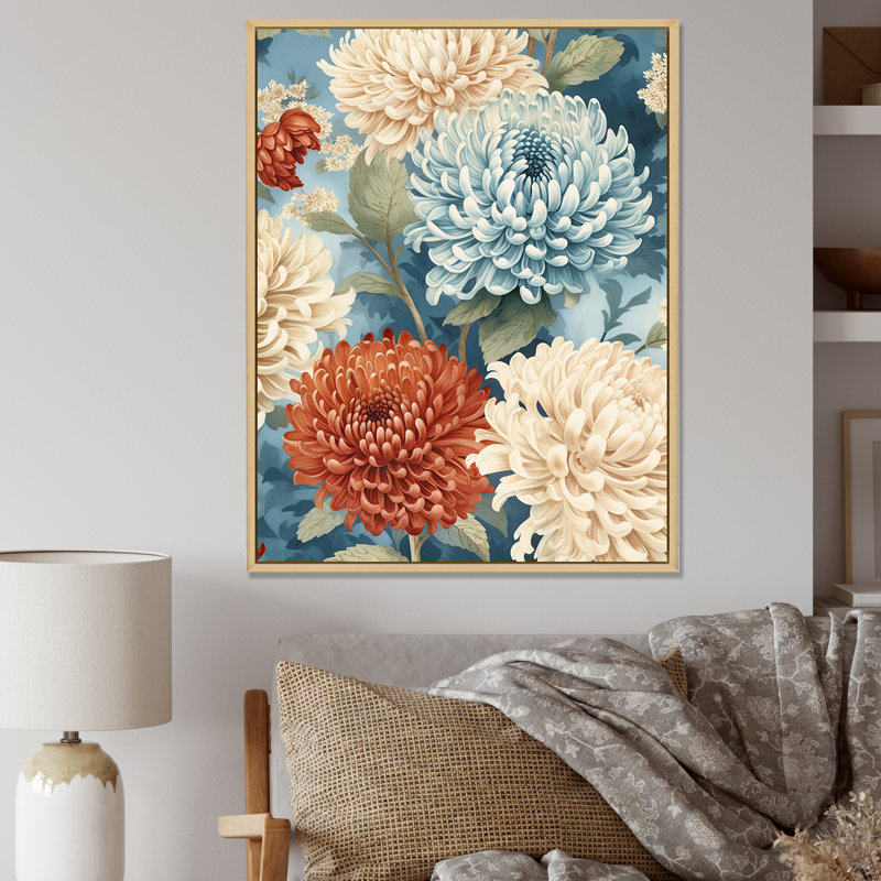 Symphonie de chrysanthèmes blancs et bleus - impression, H 32 po x l 24 po x P 1 po, Cadre naturel flottant
