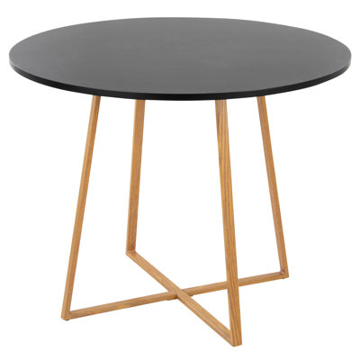 Round Dining Table With Natural Wood Transfer Metal And Black Top, Contemporary Look, Fixed Height, Seats Four Comfortably, Indoor Use, 100 Lbs Limit,