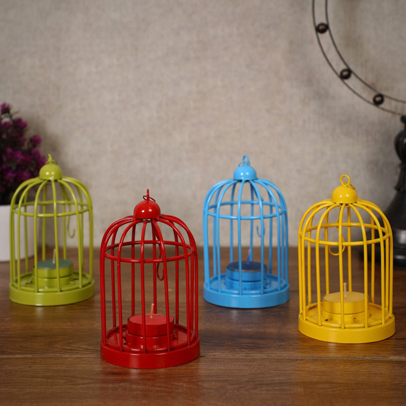 Porte-bougie en métal pour cage à oiseaux | Cage à oiseaux suspendue multicolore - bleu, vert, rouge, jaune