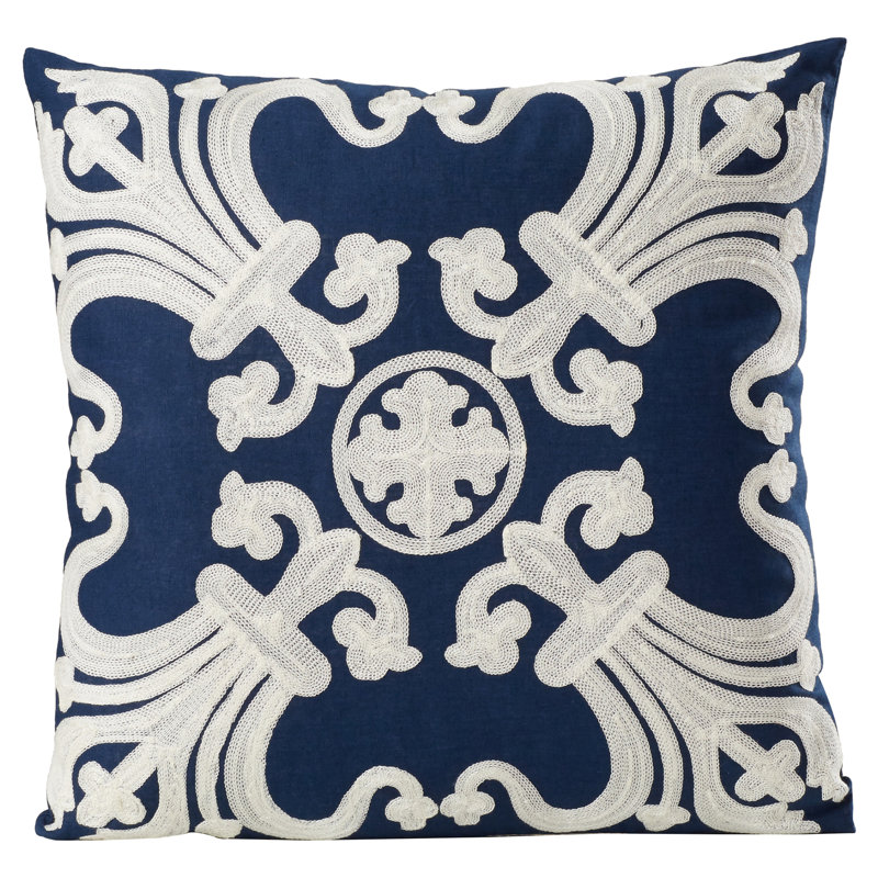 Olive and White Embroidered Cotton Square Throw Pillows, Set of 2