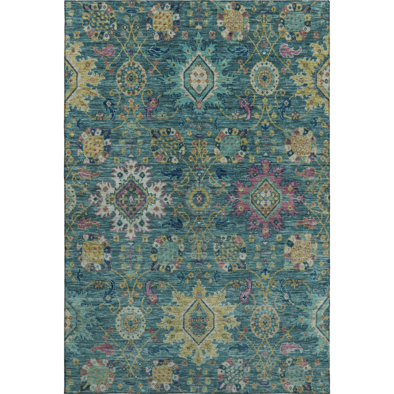 Premium Machine Washable Mayfield AMF2151 medallions Rug, Teal, Rectangle 2'6" x 3'10"